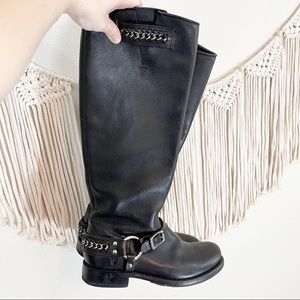 Frye Jenna Black Leather Chain Harness Tall Broad Moto Boots